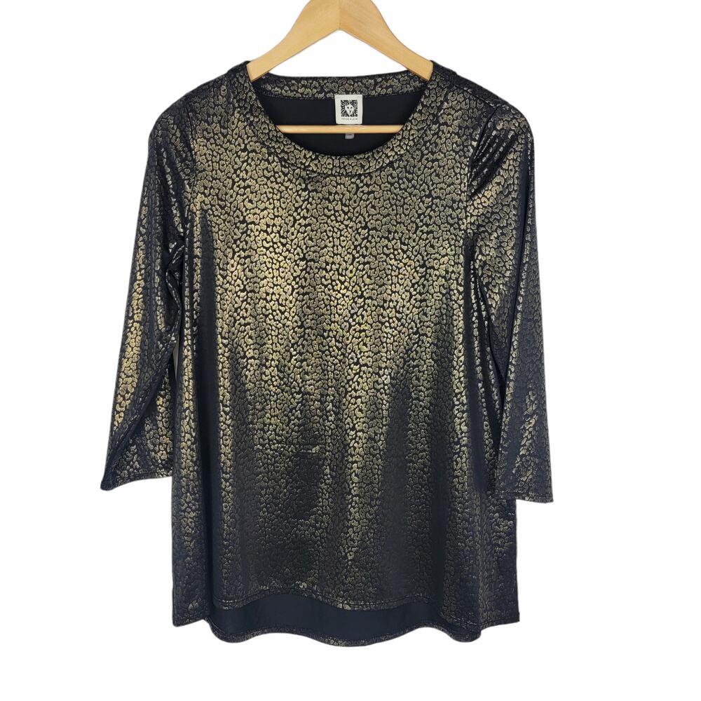 Anne Klein Metallic Leopard Print Black/Gold Top S